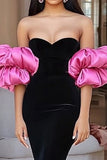 Black Pink Mermaid Strapless Velvet Satin Long Prom Dress With Detachable Sleeves