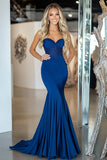 Royal Blue Mermaid Strapless Satin Beaded Prom Dress