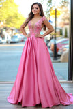 A Line Pink Deep V-Neck Lace Appliqued Satin Prom Dress