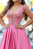 A Line Pink Deep V-Neck Lace Appliqued Satin Prom Dress