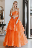 A Line Orange Strapless Lace Appliqued Prom Dress