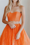 A Line Orange Strapless Lace Appliqued Prom Dress