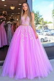 Fuchsia A Line Sweetheart Tulle Lace Appliqued Prom Dress