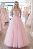 Pink A Line Sweetheart Appliqued Tulle Prom Dress