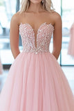 Pink A Line Sweetheart Appliqued Tulle Prom Dress