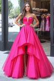 Fuchsia Strapless A Line Ruffled Asymmetrical Prom Dress