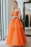 A Line Strapless Orange Appliqued Tulle Prom Dress