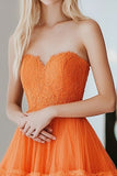 A Line Strapless Orange Appliqued Tulle Prom Dress