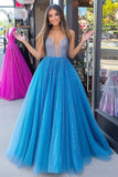 A Line Blue Deep V-Neck Tulle Lace Appliqued Prom Dress