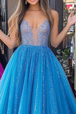 A Line Blue Deep V-Neck Tulle Lace Appliqued Prom Dress