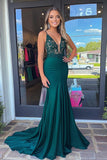 Dark Green Sheath Deep V-Neck Appliqued Satin Prom Dress