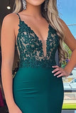 Dark Green Sheath Deep V-Neck Appliqued Satin Prom Dress