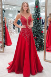 Red A Line Deep V-Neck Satin Lace Appliqued Ruched Prom Dress