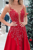 Red A Line Deep V-Neck Satin Lace Appliqued Ruched Prom Dress