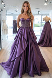 A Line Ruffled Strapless Taffeta Beaded Prom Dress