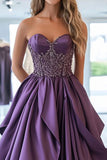 A Line Ruffled Strapless Taffeta Beaded Prom Dress