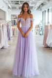 Lilac A Line Off The Shoulder Ruched Appliqued Tulle Prom Dress