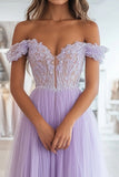 Lilac A Line Off The Shoulder Ruched Appliqued Tulle Prom Dress