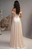 Elegant Champagne A-Line Off the Shoulder Satin Long Prom Dress