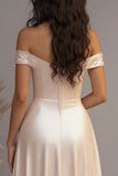 Elegant Champagne A-Line Off the Shoulder Satin Long Prom Dress