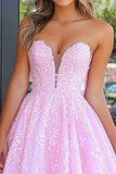 Elegant Pink Sweetheart Princess Lace Applique Long Prom Dress