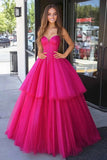 Glitter Fuchsia Princess Sweetheart Tulle Tiered Long Prom Dress