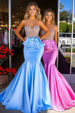 Blue Sweetheart Mermaid Satin Beaded Long Prom Dress with Bow