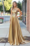 Gold Metallic Satin One Shoulder A Line Pleated Long Prom Dress with Beading