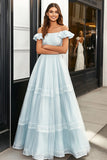 Light Blue Off the Shoulder A Line Long Prom Dress