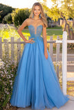 Blue Princess Sweetheart Tulle Long Prom Dress with Lace Appliques