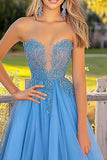 Blue Princess Sweetheart Tulle Long Prom Dress with Lace Appliques