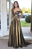 Metallic Golden Off the Shoulder A Line Pleated Prom Dress