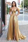 Metallic Satin A Line Pleated V Neck Gold Prom Dress with Slit