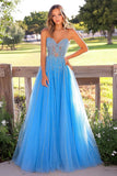 Blue A Line Sweetheart Tulle Long Prom Dress with Appliques