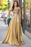 Sparkly Golden Metallic One Shoulder A Line Pleated Long Prom Dress