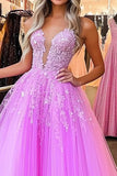 Princess Fuchsia Deep V-Neck Tulle Long Prom Dress with Appliques