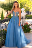 Elegant Grey Blue Princess Sweetheart Tulle Long Prom Dress