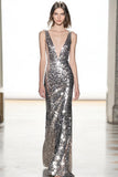 Sparkly Silver Deep-V Neck Sheath Sequin Long Formal Dress