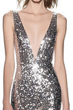 Sparkly Silver Deep-V Neck Sheath Sequin Long Formal Dress