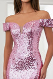 Sparkly Pink Mermaid Sequin Off the Shoulder Long Prom Dress