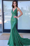 Glitter Green V-Neck Mermaid Sequin Long Prom Dress