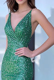 Glitter Green V-Neck Mermaid Sequin Long Prom Dress