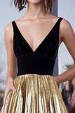 Gold Metallic Satin V-neck A-Line Pleated Long Prom Dress