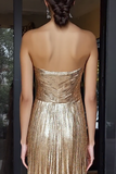 Gold Sweetheart Metallic A-Line Pleated Long Prom Dress