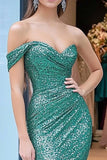 Sparkly Green Off the Shoulder Mermaid Sequin Long Prom Dress