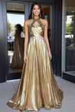 Sparkly Gold Metallic Halter Neck A-Line Long Prom Dress