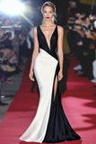 Mermaid Black&White Deep V Neck Long Gala Dress