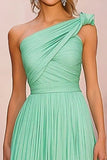 A Line One Shoulder Mint Ruched Long Gala Dress