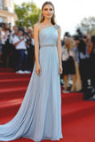 Sky Blue One Shoulder A Line Chiffon Beaded Gala Dress