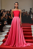 Red Pink A Line Straight Ruched Satin Gala Dress